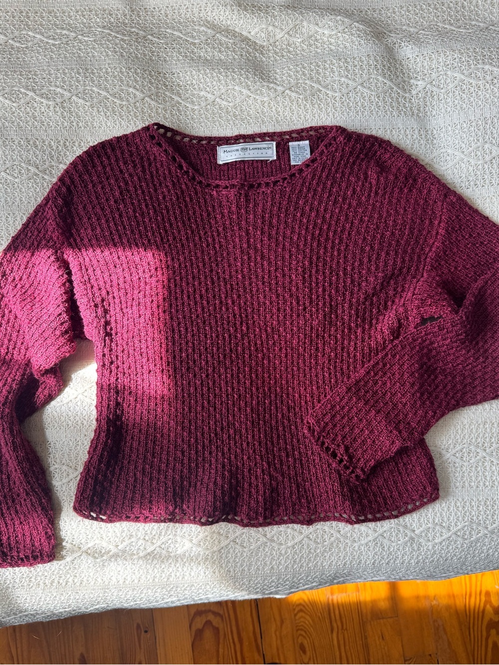 Maggie Lawrence Vintage Burgundy Cotton Ramie Blend Open Knit Crew Sweater